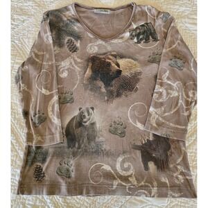 Cactus Bay Apparel Y2K Grizzly Bear Wildlife Rhinestone Shirt Top Womens Size L
